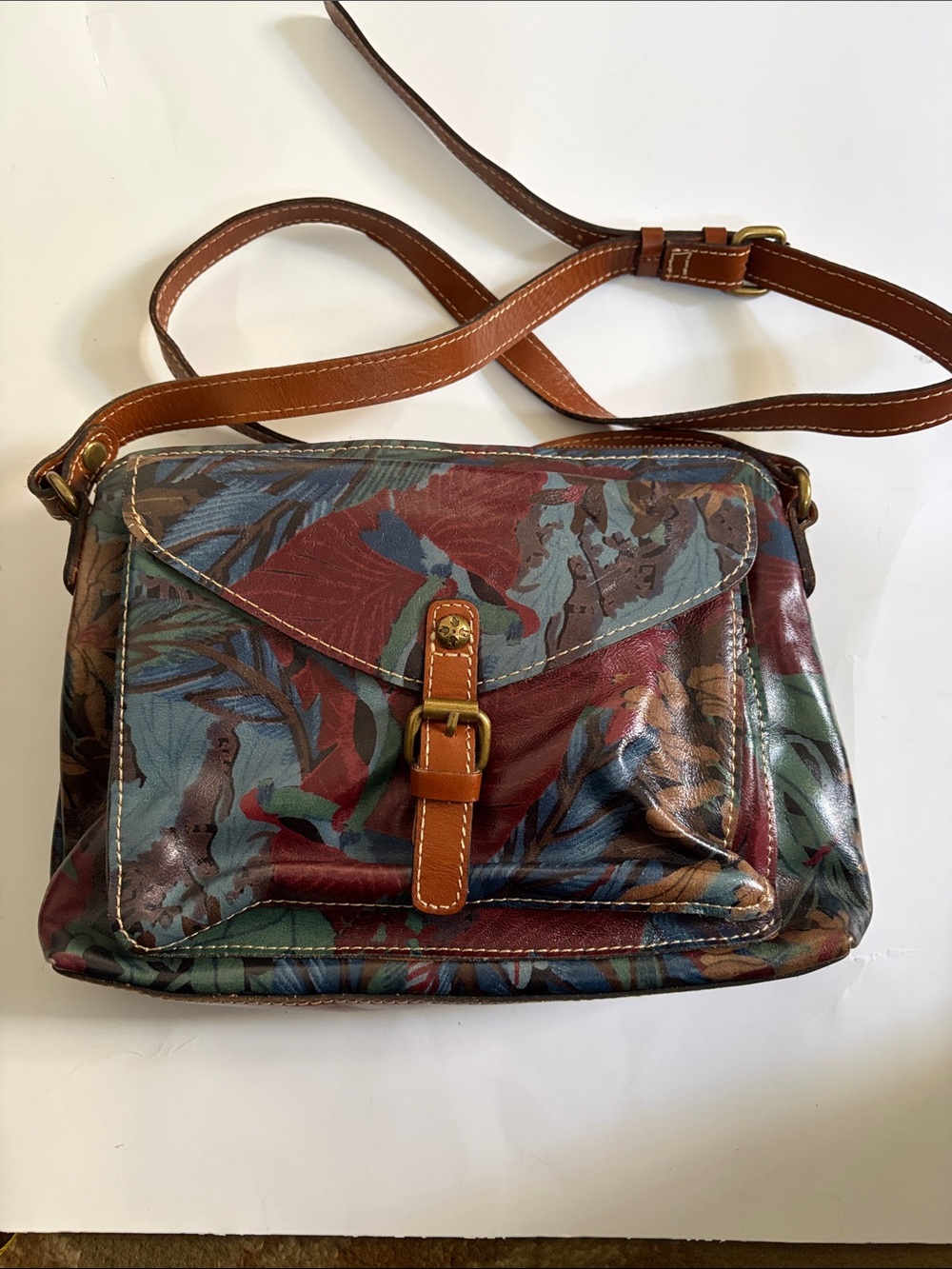 Floral Print Leather-Trim Crossbody Bag in Multicolor and Tan